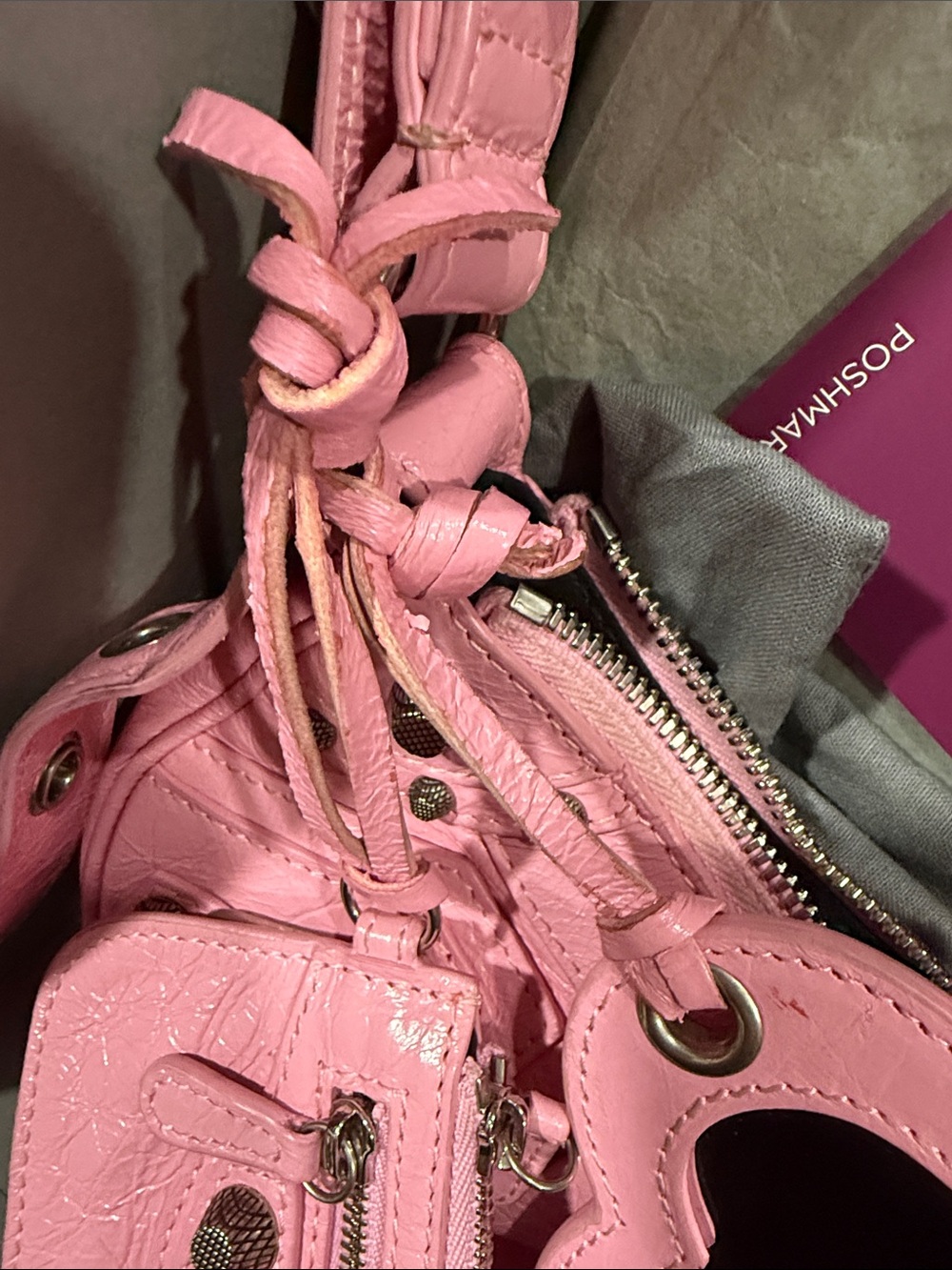 Balenciaga Pink Leather Studded Shoulder Bag with Heart Mirror Charm - Picture 10 of 10